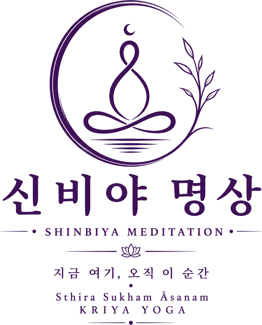 신비야명상 로고 — 명상하는 심볼과 신비야명상 워드마크, 지금 여기 오직 이 순간 슬로건
